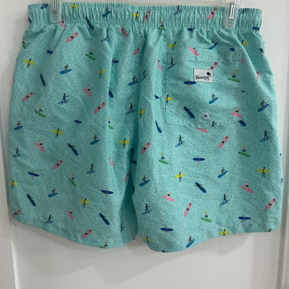 NEW Boardies Apparel Men’s Swim Trunks Aqua Blue Surfer Print Size Large